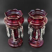Cranberry Bohemian Glass Mantel Lusters (Pair)