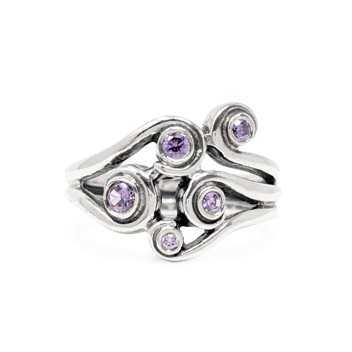 Pandora Sterling Silver & Amethyst Swirl Ring - Size 7