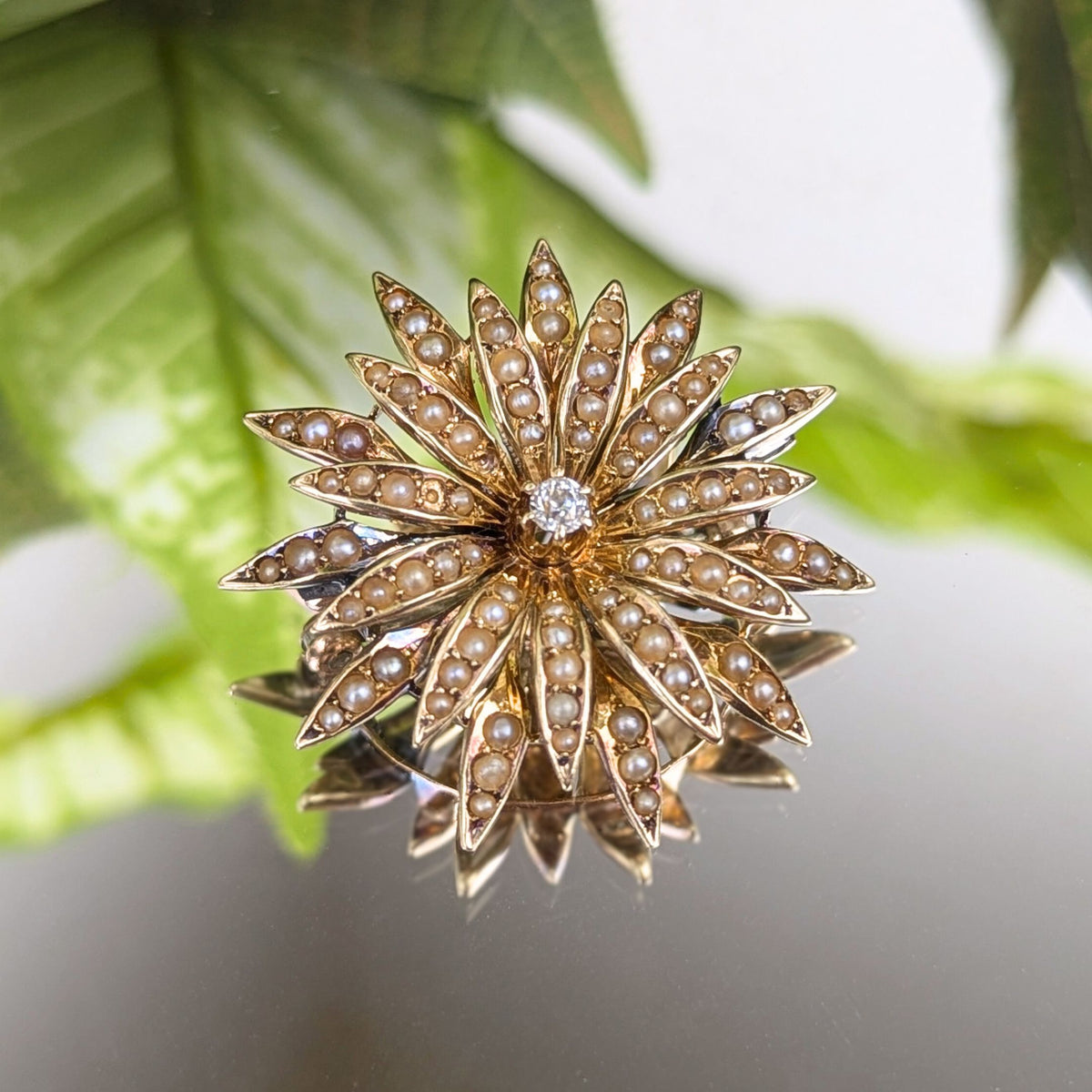 Antique 13K Gold, Diamond, & Pearl Flower Pendant/Brooch
