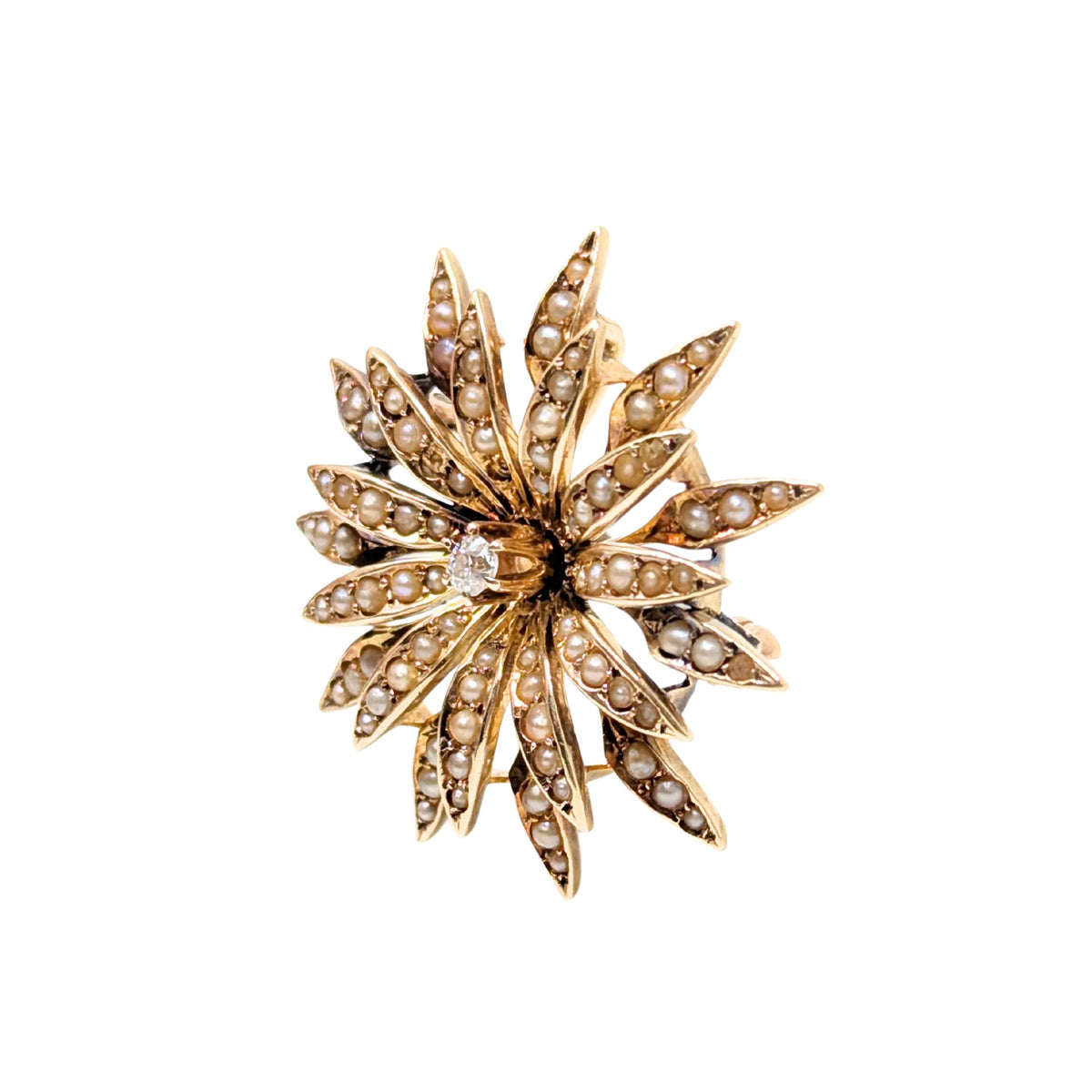 Antique 13K Gold, Diamond, & Pearl Flower Pendant/Brooch