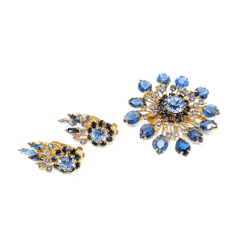 Austrian Vintage Blue Crystal Brooch & Earrings Set
