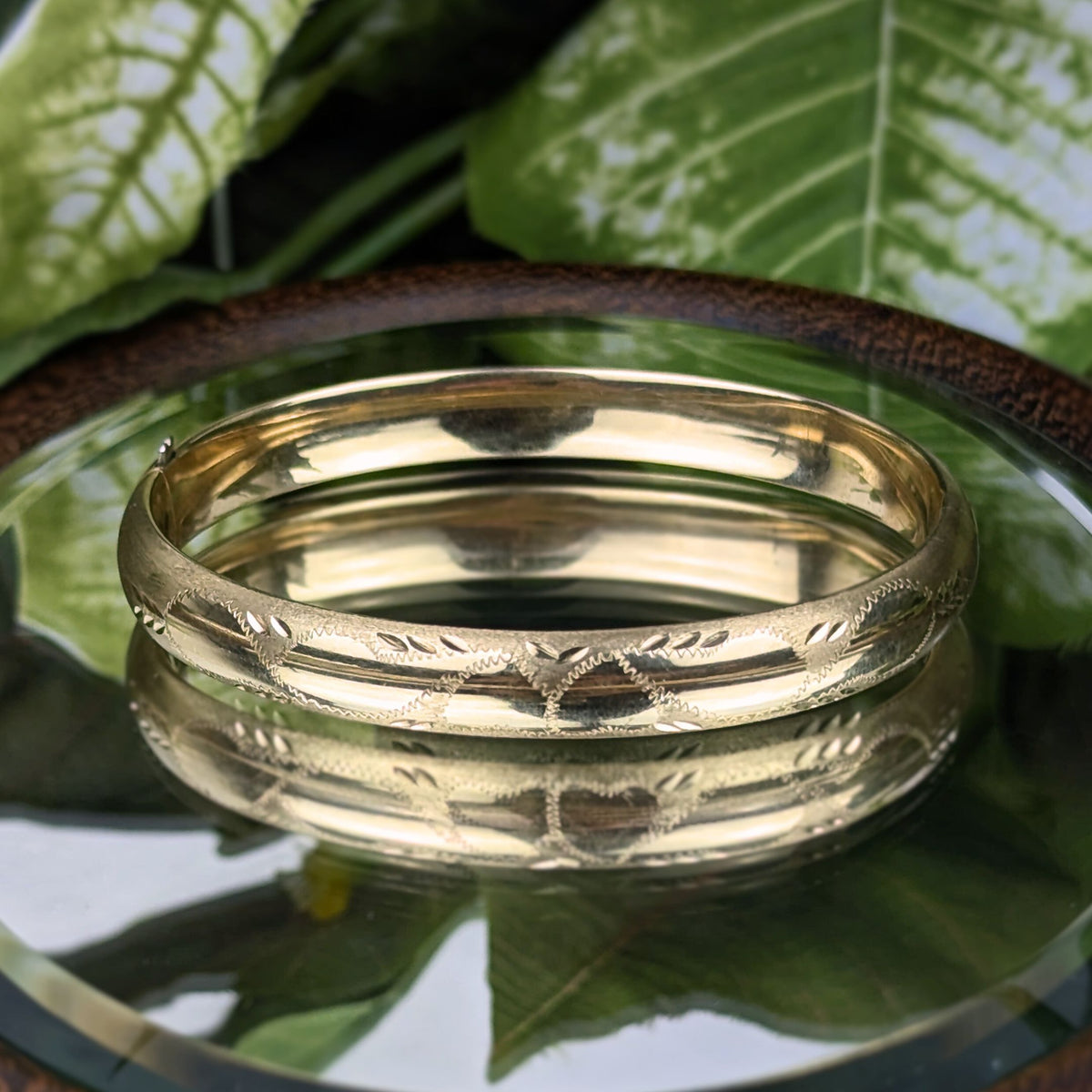 1950’s 14K Gold Etched Brush Finished 7" Hinged Bangle Bracelet