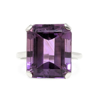 9K White Gold Emerald Cut Amethyst Solitaire Ring - Size 7.5