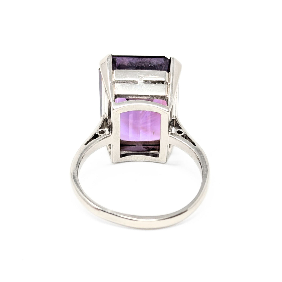 9K White Gold Emerald Cut Amethyst Solitaire Ring - Size 7.5