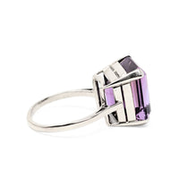 9K White Gold Emerald Cut Amethyst Solitaire Ring - Size 7.5