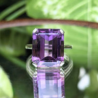 9K White Gold Emerald Cut Amethyst Solitaire Ring - Size 7.5