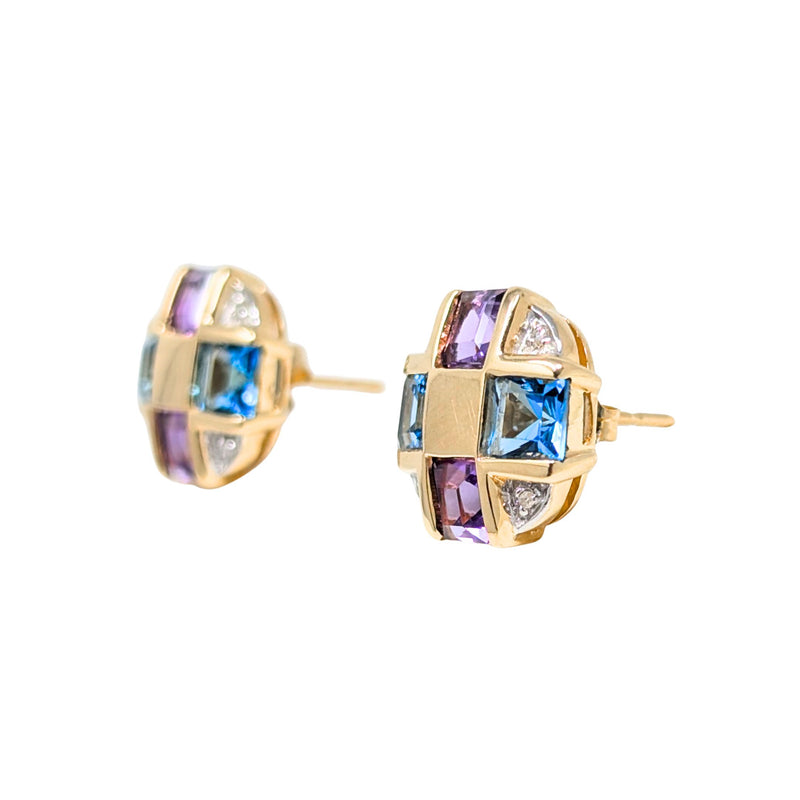 Samuel Aaron 10K/14K Gold Amethyst, Topaz, & Diamond Button Earrings
