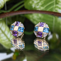 Samuel Aaron 10K/14K Gold Amethyst, Topaz, & Diamond Button Earrings