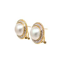 14K Gold Mabe Pearl & Diamond Button Omega-Back Earrings