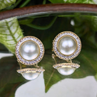 14K Gold Mabe Pearl & Diamond Button Omega-Back Earrings