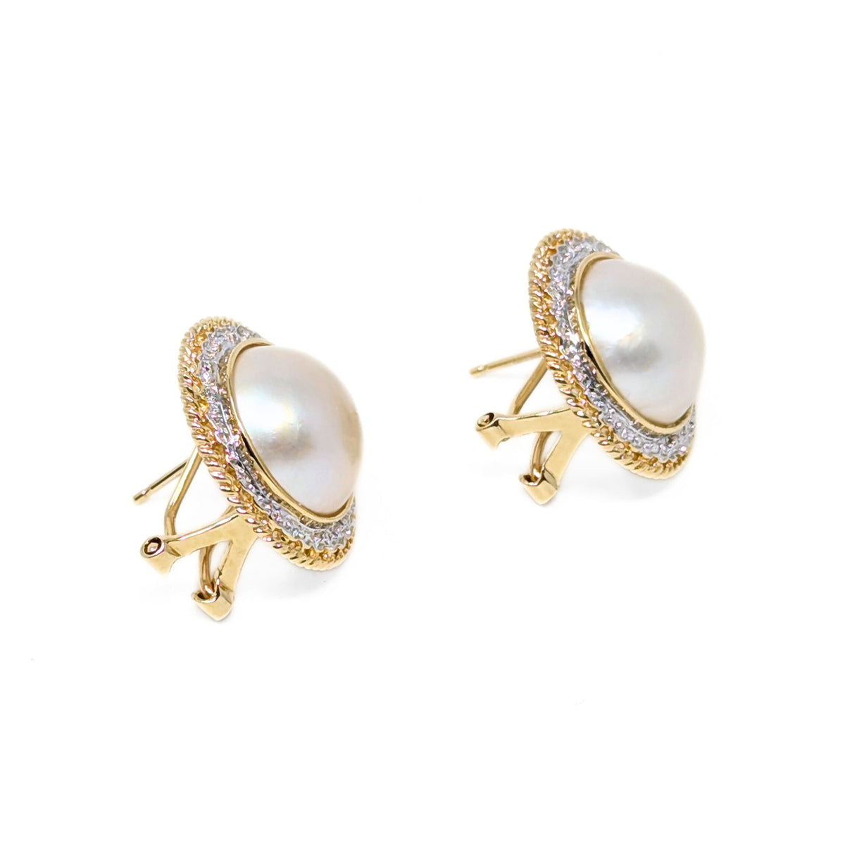 14K Gold Mabe Pearl & Diamond Button Omega-Back Earrings