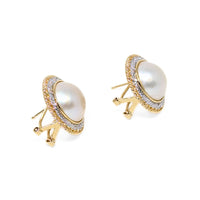 14K Gold Mabe Pearl & Diamond Button Omega-Back Earrings