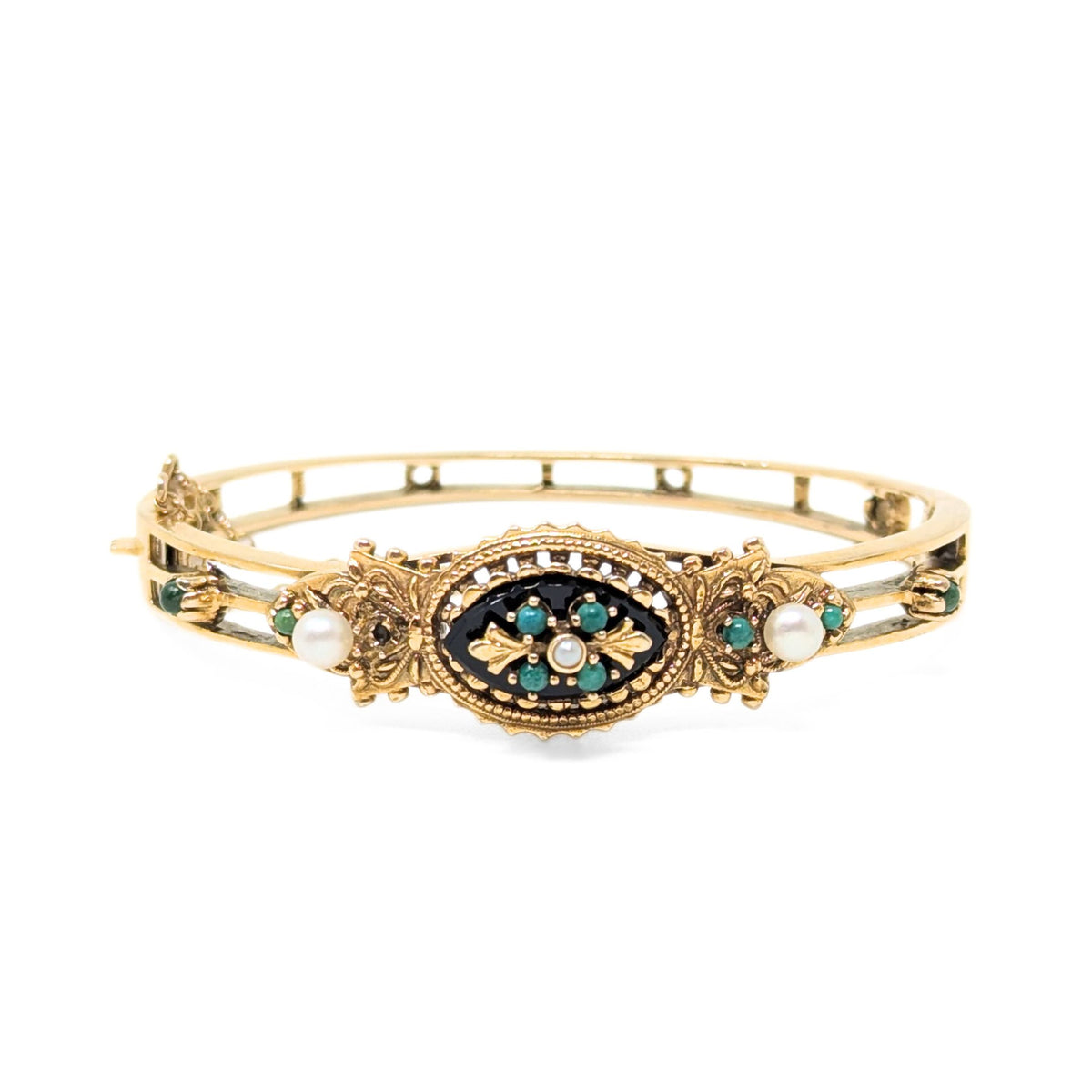 13K Gold, Pearl, Green Jade, & Onyx Victorian Style Hinged Bangle Bracelet