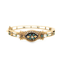 13K Gold, Pearl, Green Jade, & Onyx Victorian Style Hinged Bangle Bracelet