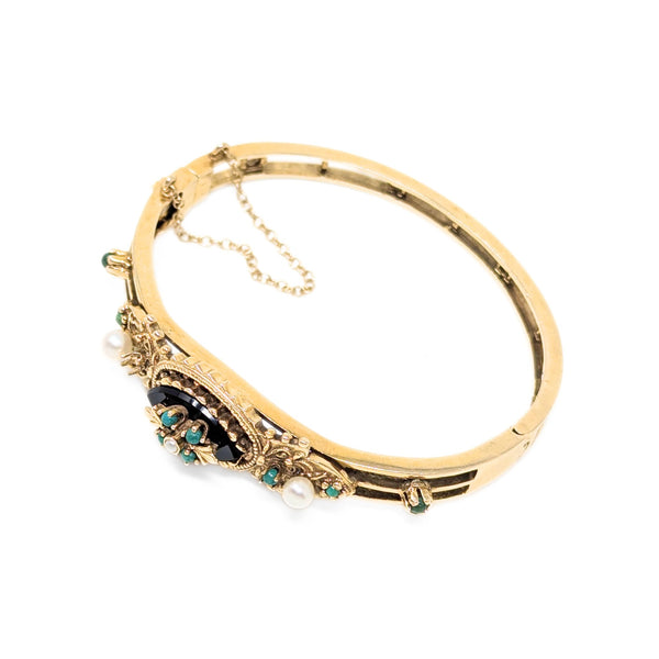 13K Gold, Pearl, Green Jade, & Onyx Victorian Style Hinged Bangle Bracelet
