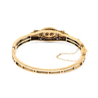 13K Gold, Pearl, Green Jade, & Onyx Victorian Style Hinged Bangle Bracelet