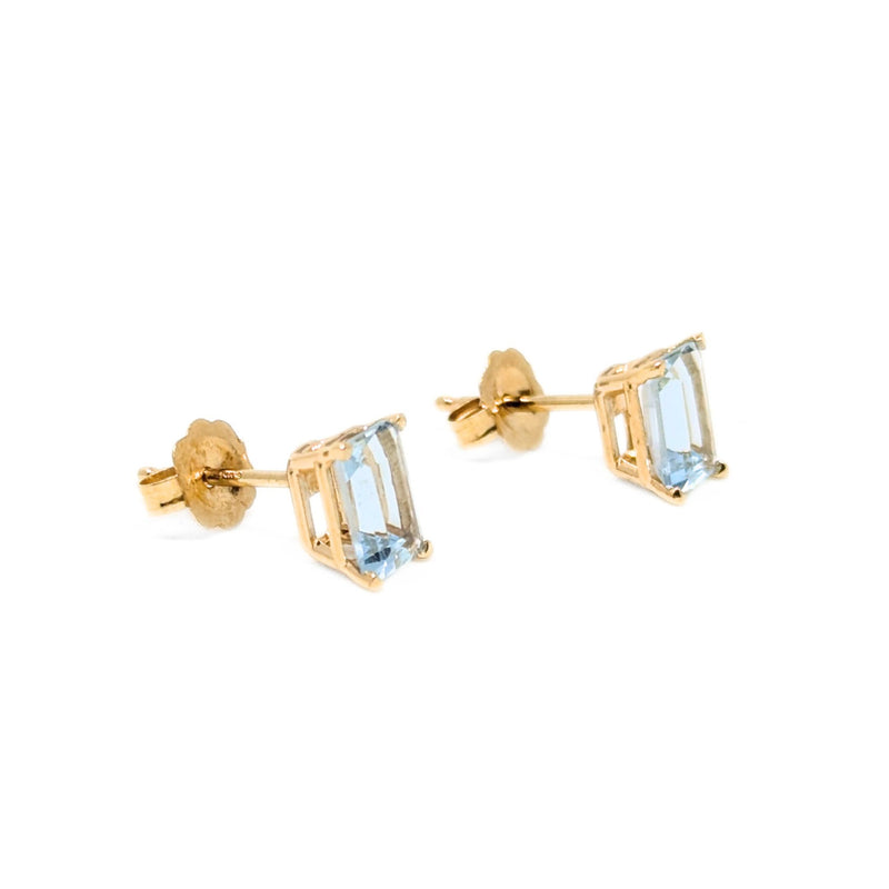14K Gold Emerald Cut Aquamarine Stud Earrings