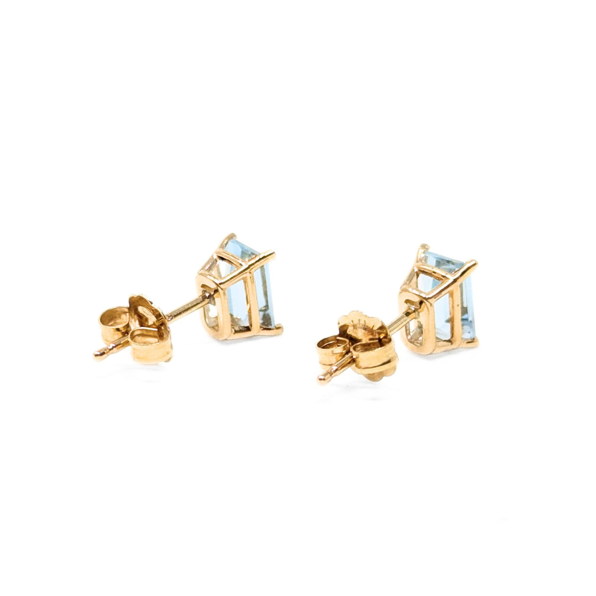 14K Gold Emerald Cut Aquamarine Stud Earrings