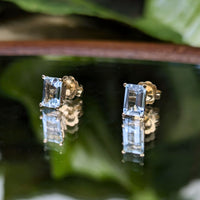14K Gold Emerald Cut Aquamarine Stud Earrings