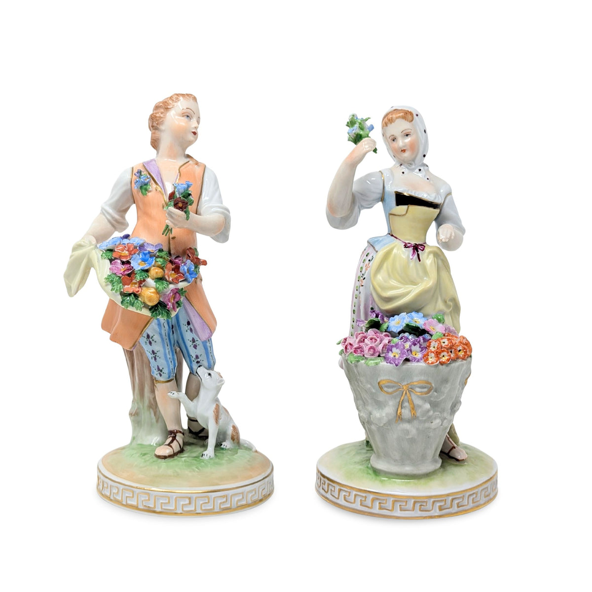 Carl Thieme Dresden "Man & Woman Selling Flowers" Porcelain Figurines (Pair)
