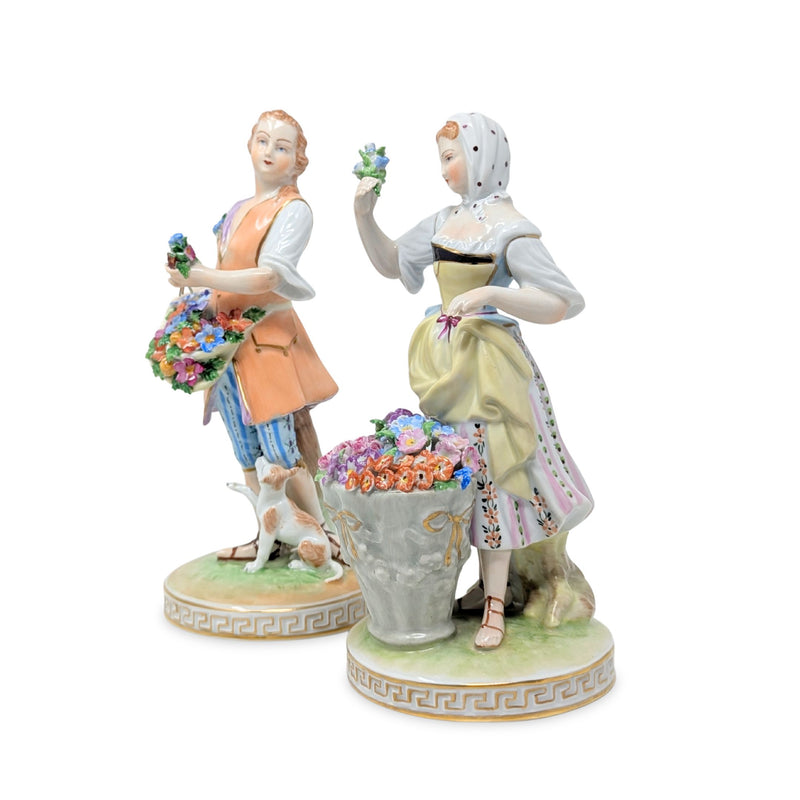 Carl Thieme Dresden "Man & Woman Selling Flowers" Porcelain Figurines (Pair)