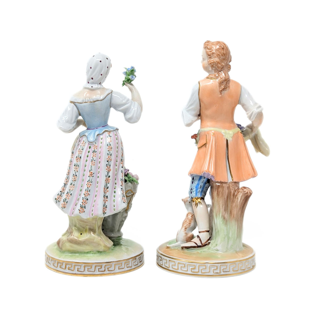 Carl Thieme Dresden "Man & Woman Selling Flowers" Porcelain Figurines (Pair)