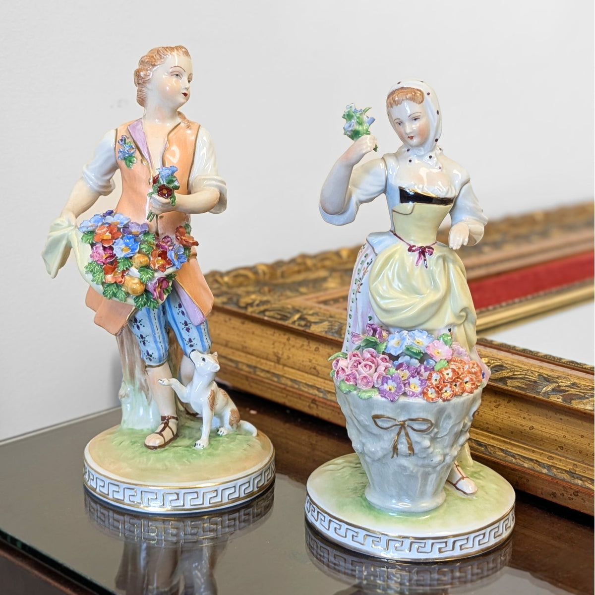 Carl Thieme Dresden "Man & Woman Selling Flowers" Porcelain Figurines (Pair)