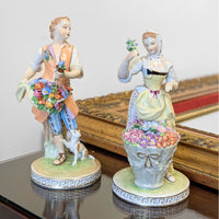 Carl Thieme Dresden "Man & Woman Selling Flowers" Porcelain Figurines (Pair)