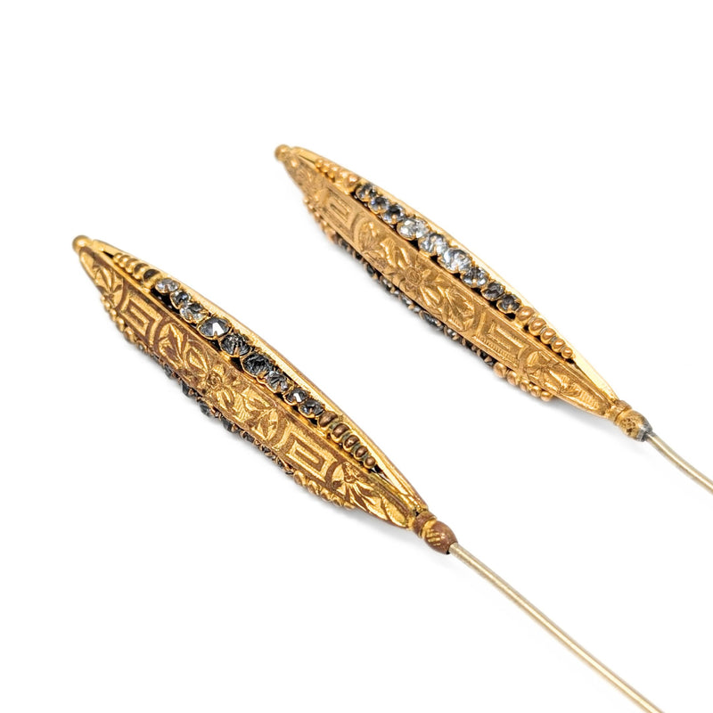 Victorian Etruscan Revival Gold Tone & Rhinestone Hat Pins (Pair)