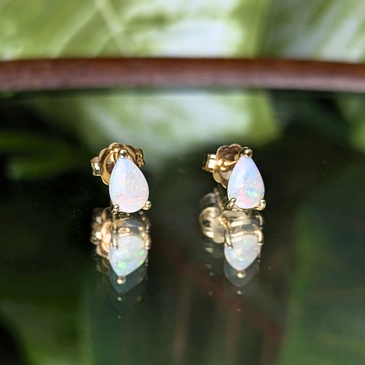 14K Gold Pear Cut Fire Opal Stud Earrings