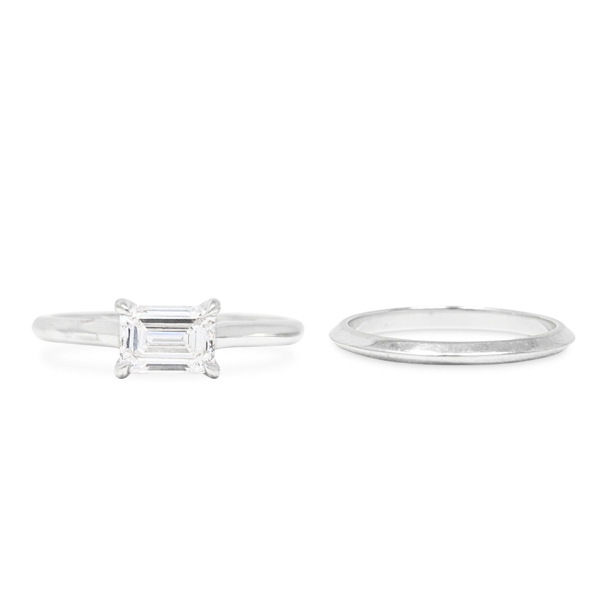 14K White Gold 0.6ct Emerald Cut Diamond Solitaire Engagement Set  - Size 6