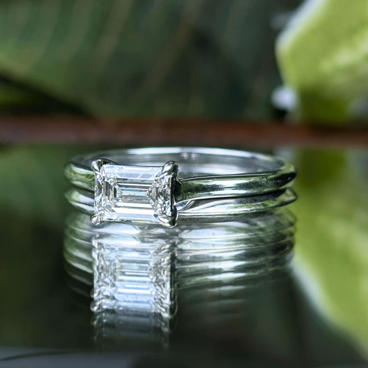 14K White Gold 0.6ct Emerald Cut Diamond Solitaire Engagement Set  - Size 6