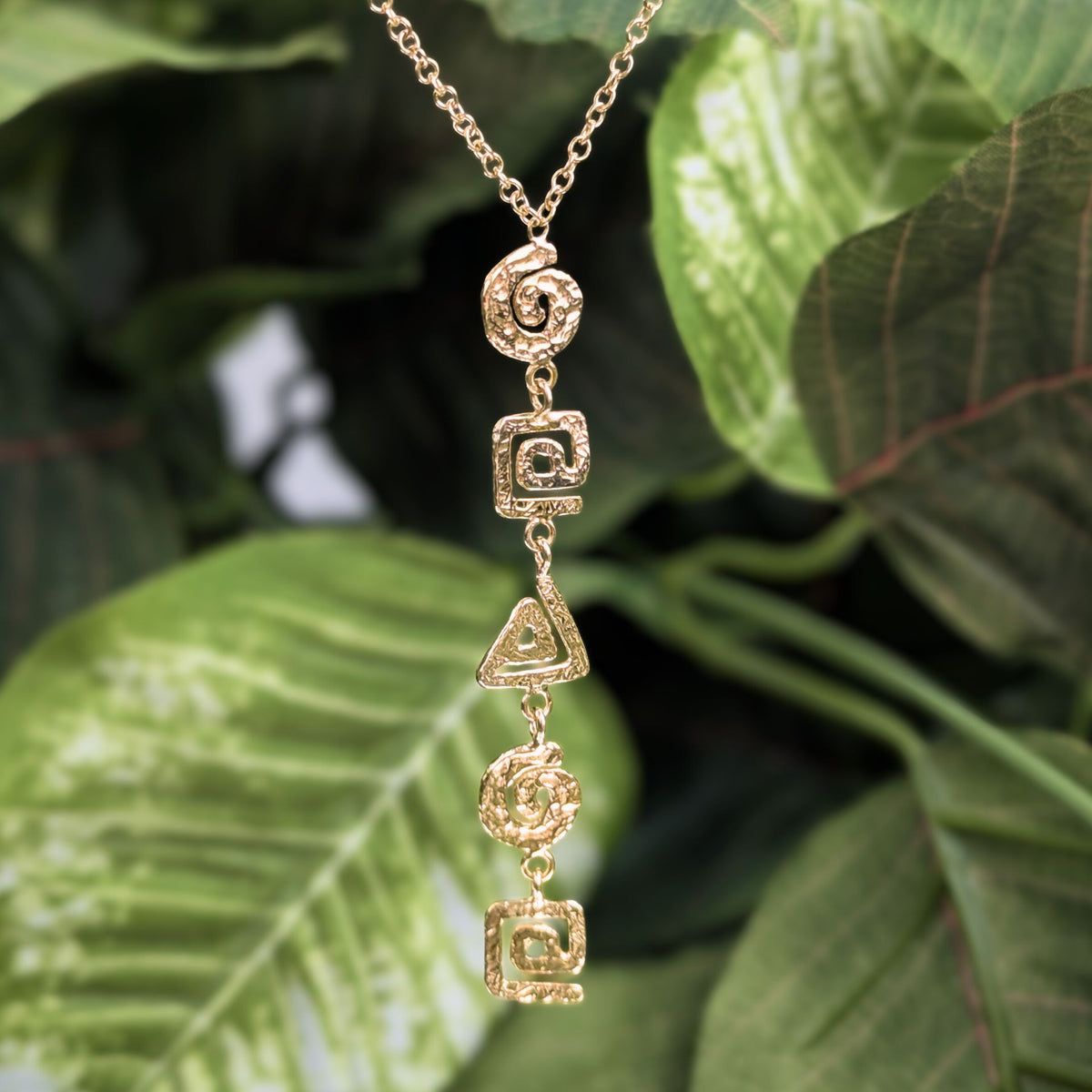 Italian 17K Gold Geometric Greek Key Drop Necklace