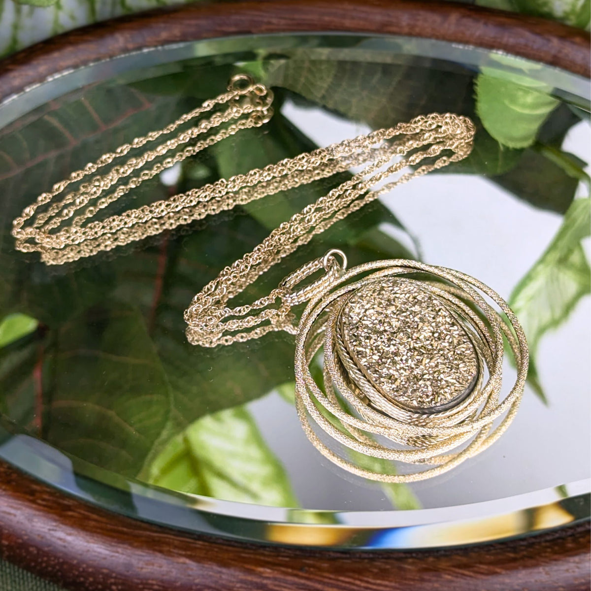 Italian 14K Gold Druzy Quartz Orbital Necklace