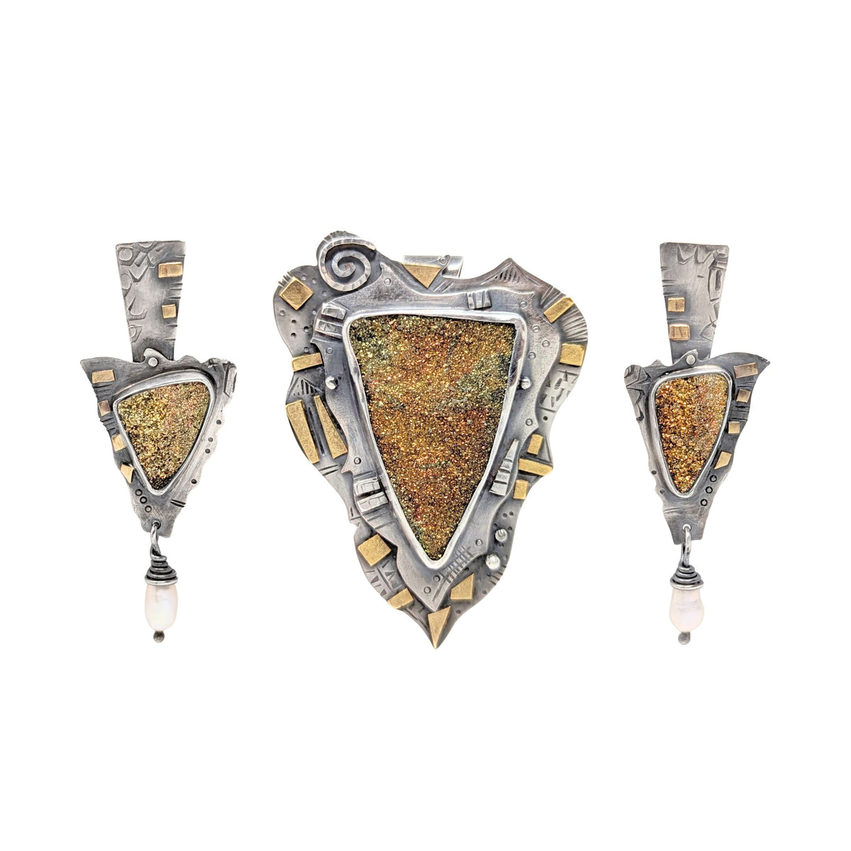 Elaine Rader 22K/.925 Abstract Druzy Pendant/Brooch & Earring Set