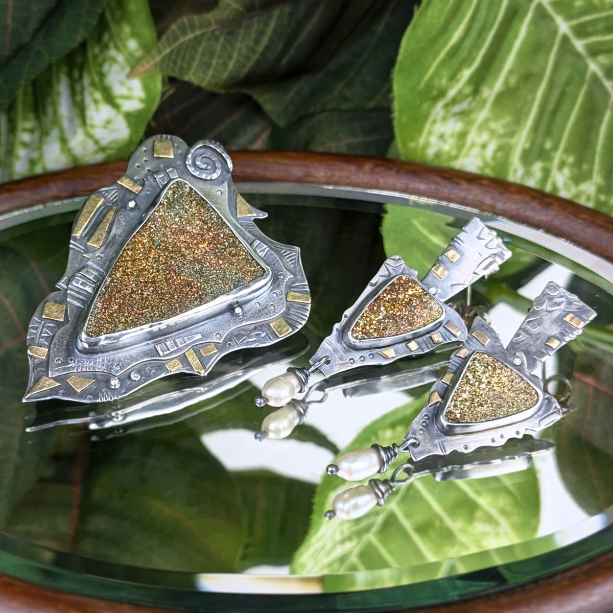 Elaine Rader 22K/.925 Abstract Druzy Pendant/Brooch & Earring Set