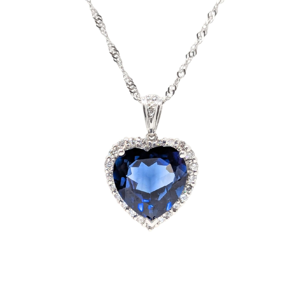 14K White Gold Heart-Shaped Blue Sapphire & Diamond Necklace