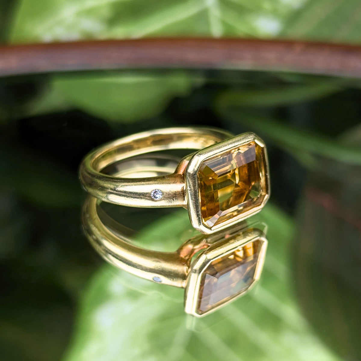 18K Gold Emerald Cut Yellow Spinel & Diamond Ring - Size 7.5