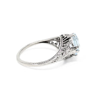14K White Gold Aquamarine Floral Filigree Ring - Size 5