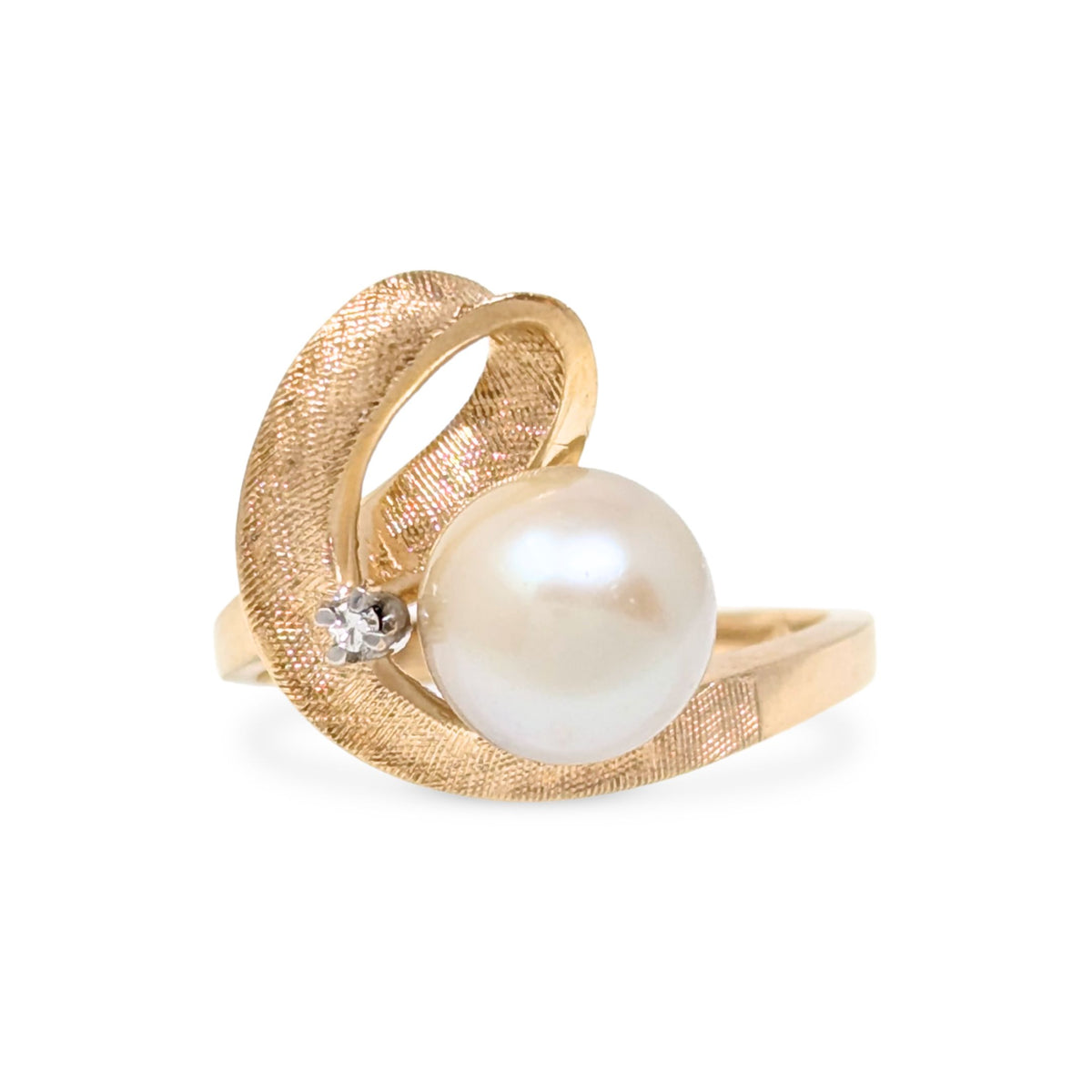 Vintage 10K Gold Pearl & Diamond Brushed Swirl Ring - Size 6