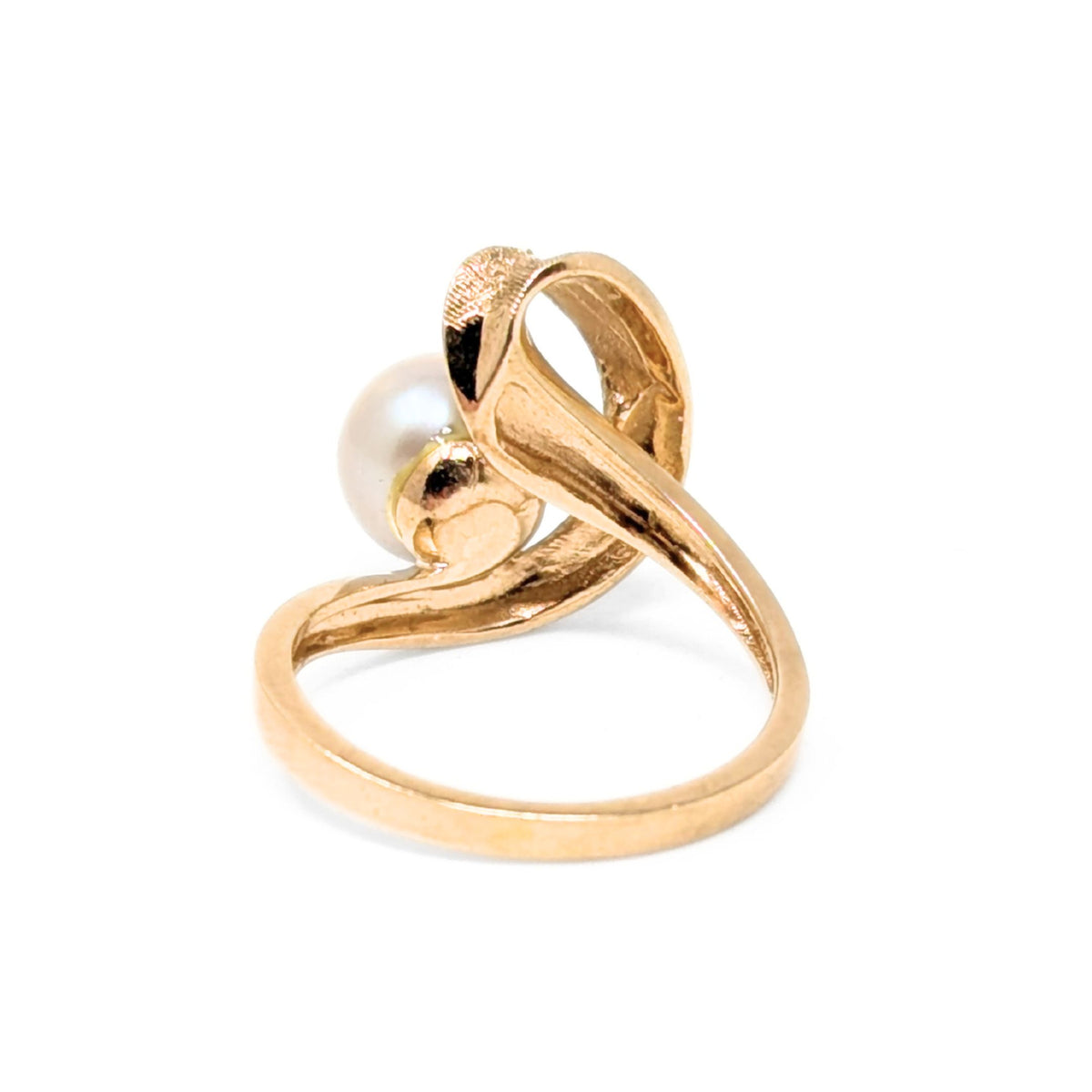 Vintage 10K Gold Pearl & Diamond Brushed Swirl Ring - Size 6