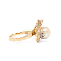 Vintage 10K Gold Pearl & Diamond Brushed Swirl Ring - Size 6