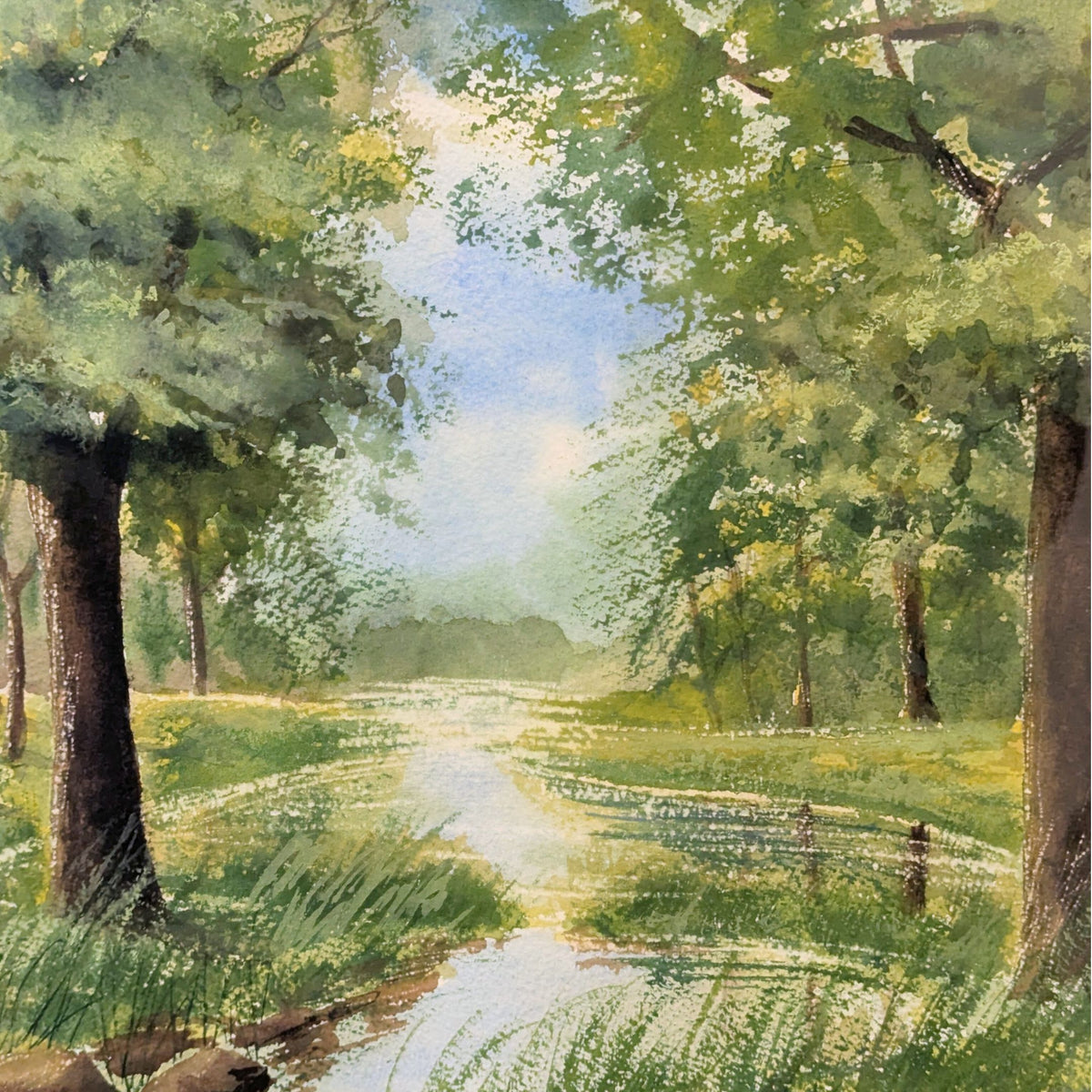 Summer Stream Landscape Watercolor on Paper by Joseph Baris, ca. 1970