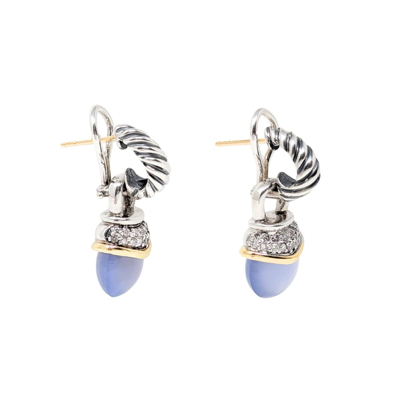 David Yurman 18K/.925 Albion Chalcedony Diamond Acorn Drop Earrings