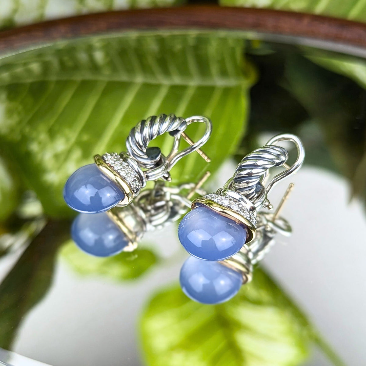 David Yurman 18K/.925 Albion Chalcedony Diamond Acorn Drop Earrings