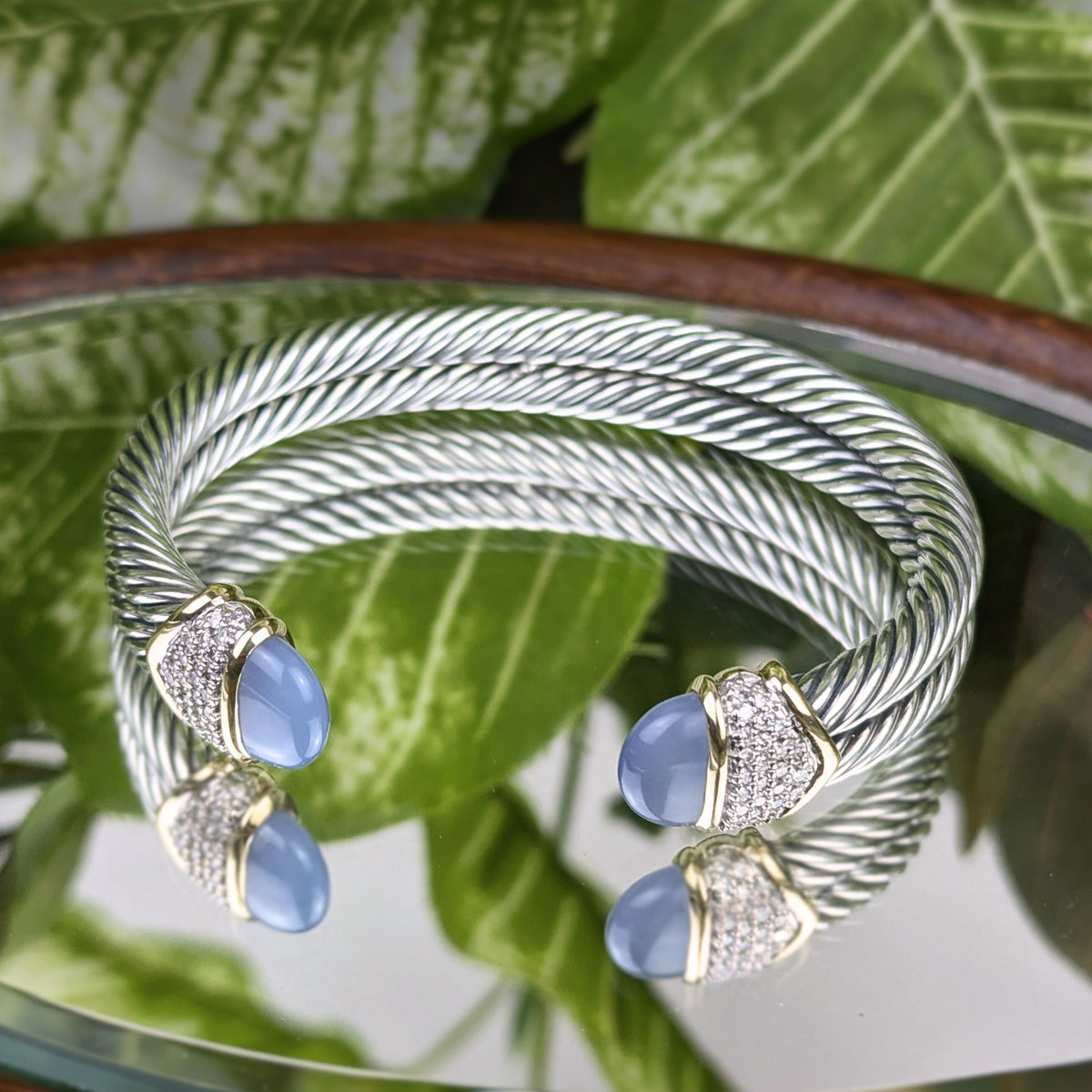 David Yurman 18K/.925 Albion Chalcedony & Diamond Double Cable Cuff