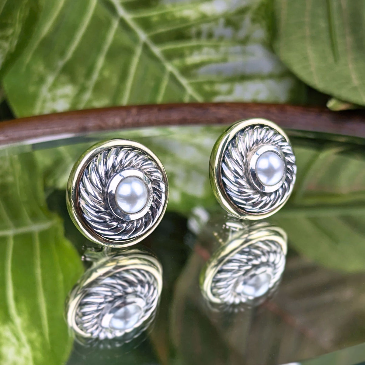 David Yurman .925/14K Pearl Cable Button Earrings