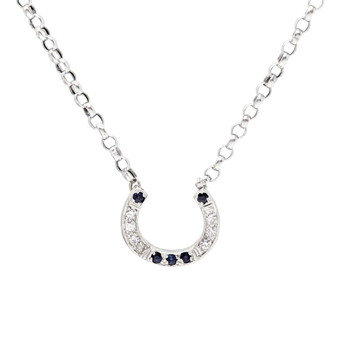 Italian 13K/14K White Gold Diamond & Blue Sapphire 19” Horseshoe Necklace