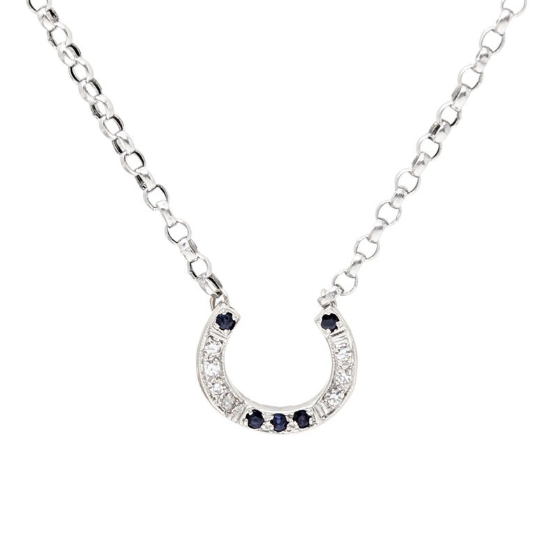 Italian 13K/14K White Gold Diamond & Blue Sapphire 19” Horseshoe Necklace