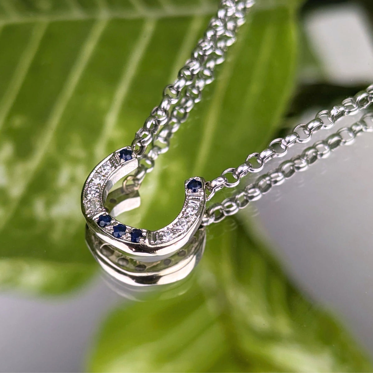 Italian 13K/14K White Gold Diamond & Blue Sapphire 19” Horseshoe Necklace